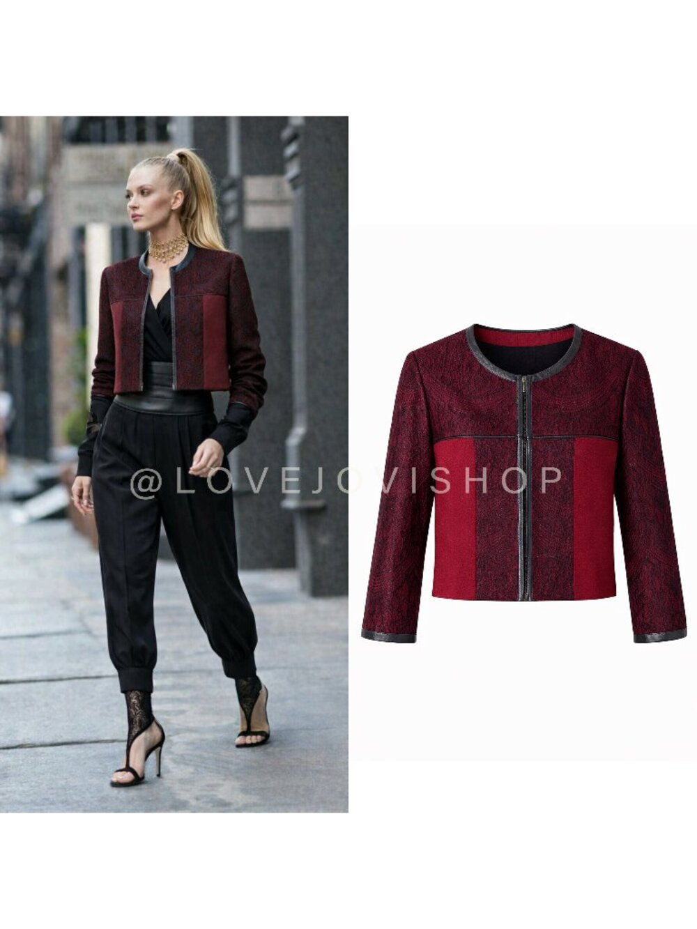 Blazer | Magaschoni Burgundy Red and Black Lace Cropped Jacket | Leather Piping
